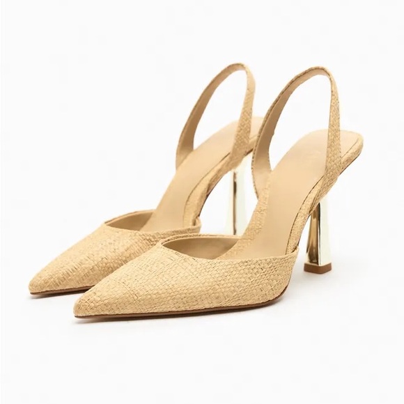 NWT. Zara Raffia High Heel Slingback Pumps. Size 6 - Picture 2 of 10
